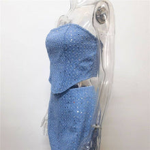 Load image into Gallery viewer, Fashionable Denim Ripped Sequin Mini Skirt Bandeau Set