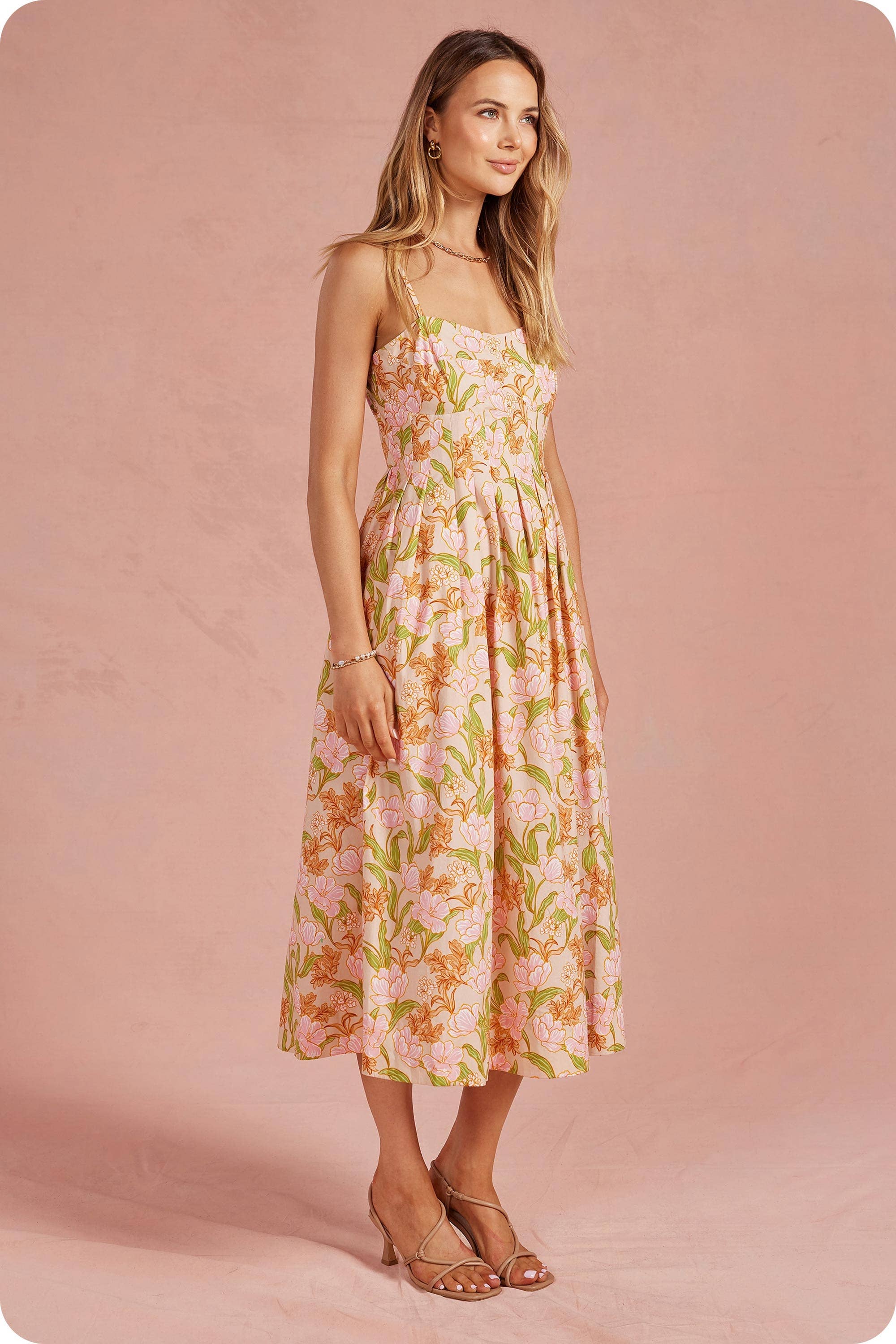 Bloom Meadow Sleeveless Pleat Midi Dress