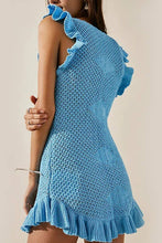 Load image into Gallery viewer, Low cut Ruffle Crochet Knit Beach Cover Up Dress: Blue / M