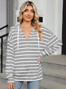 Drawstring Striped Long Sleeve Hoodie