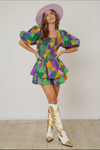 Load image into Gallery viewer, Mardi Gras Geo Print Smocked Romper