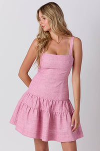 Tweed Tiered Sleeveless Mini Dress: PINK / S