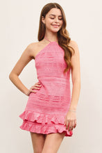 Load image into Gallery viewer, RUFFLE TIERED CROCHET HALTER DRESS: KELLY GREEN / M