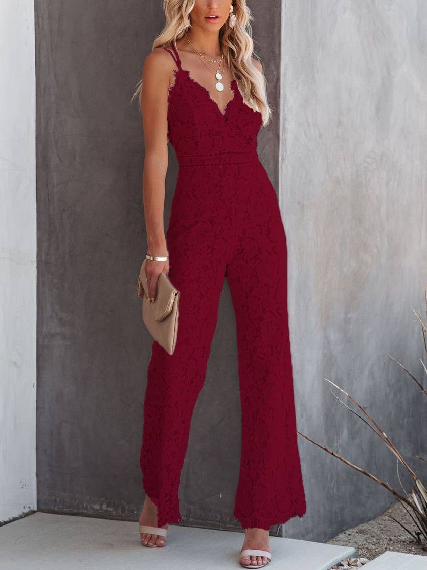 Lace Mid-Rise Casual Smooth Lined Jumpsuit: White / M