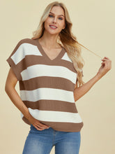 Load image into Gallery viewer, Double Take Full Size Striped V-Neck Short Sleeve Sweater