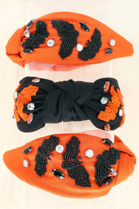 Beaded Bats & Jeweled Halloween Knotted Headband: Orange