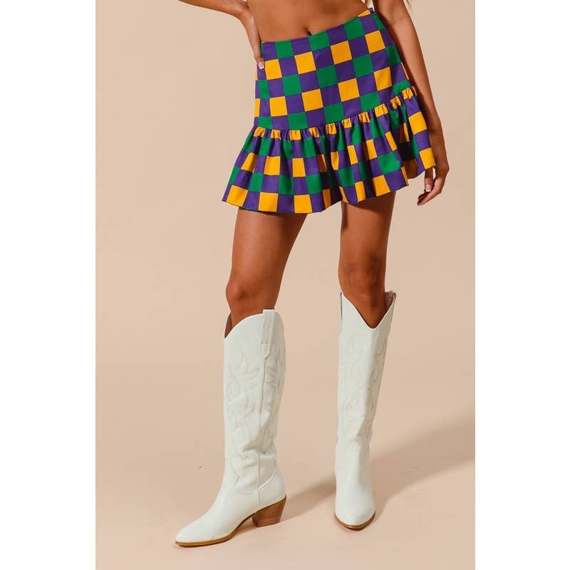 MARDI GRAS COLOR CHECKER MINI BALLOON SKIRT: PURPLE/MUSTARD/GREEN