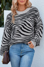 Load image into Gallery viewer, Animal Print Round Neck Dropped Shoulder Sweater