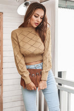 Load image into Gallery viewer, Openwork Plaid Round Neck Cropped Sweater