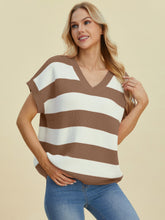 Load image into Gallery viewer, Double Take Full Size Striped V-Neck Short Sleeve Sweater