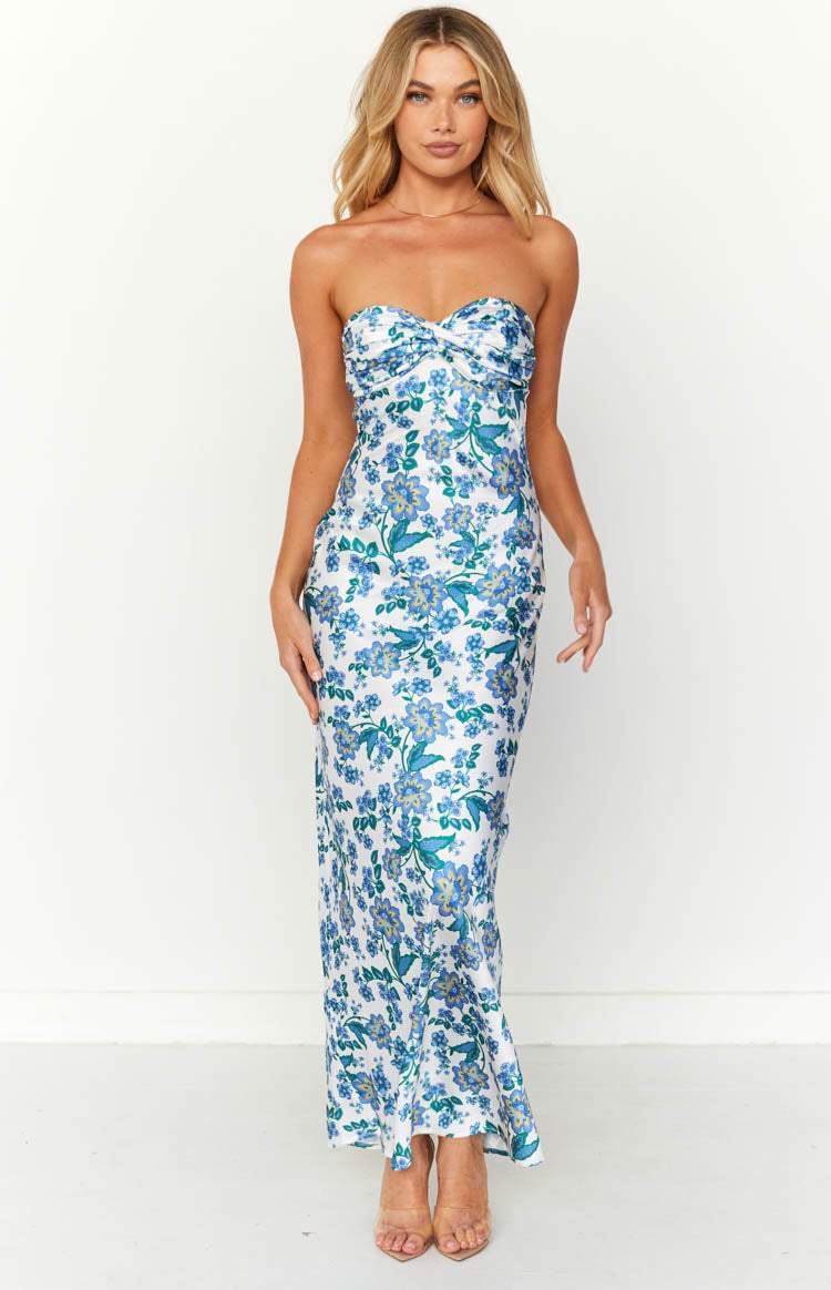 Lorna Printed Knotted Tube Maxi Dress: Blue / L