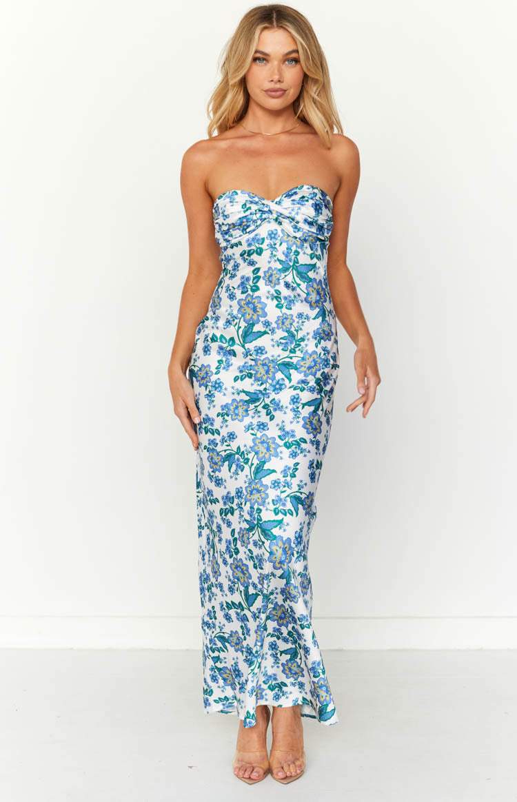 Lorna Printed Knotted Tube Maxi Dress: Blue / L Carly & Company LLC Lorna Printed Knotted Tube Maxi Dress: Blue / L Carly & Company LLC