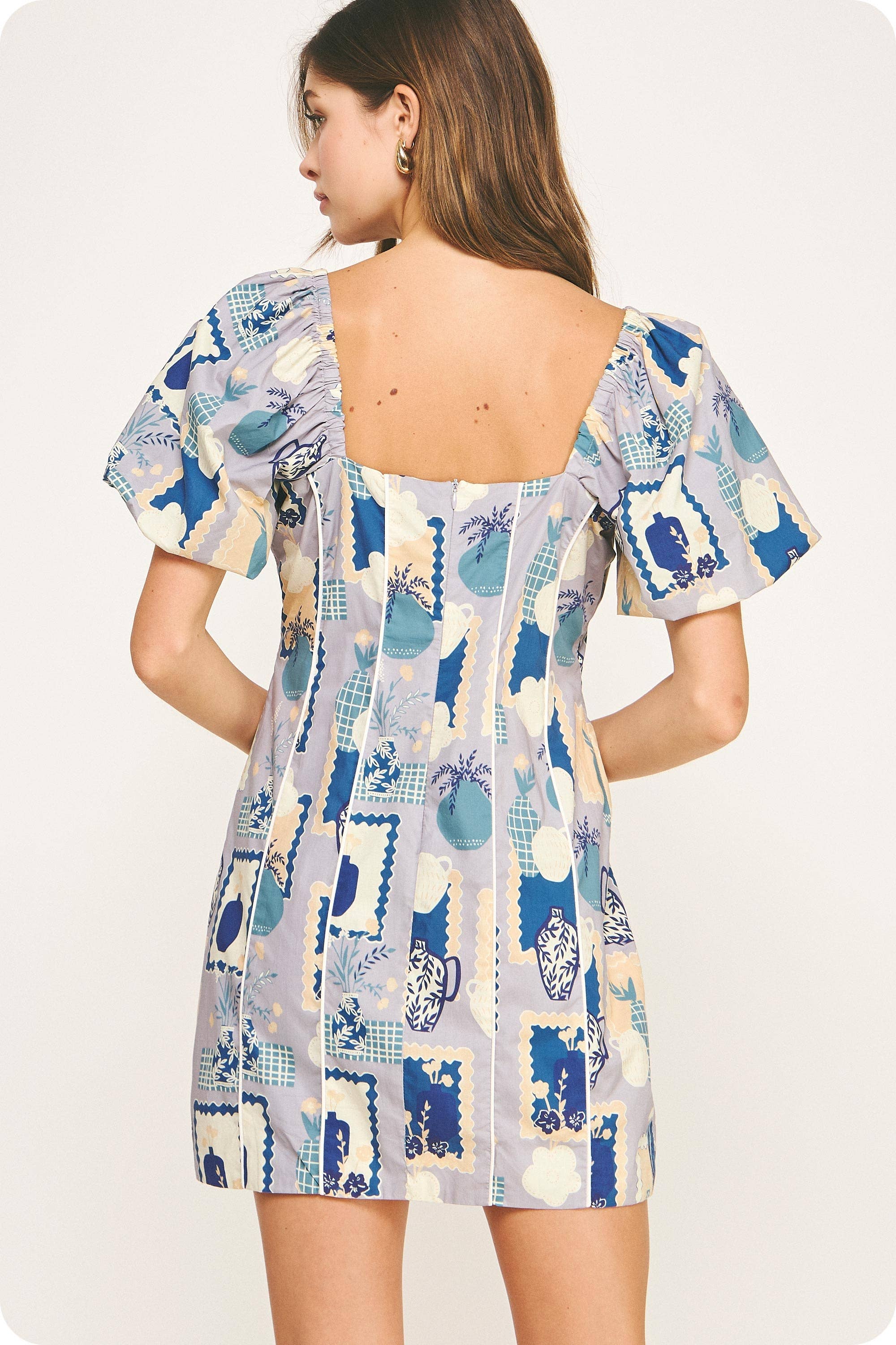 Piping Contrast Vase Print Mini Dress. Rush