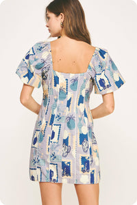 Piping Contrast Vase Print Mini Dress: Blue Multi/off-white / M