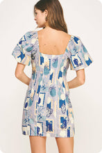 Load image into Gallery viewer, Piping Contrast Vase Print Mini Dress: Blue Multi/off-white / S