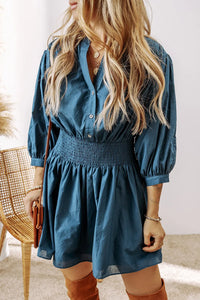 Smocked Half Button Three-Quarter Sleeve Mini Dress