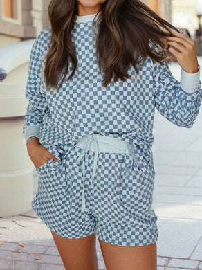 Sky Blue Checkerboard Long Sleeve Pullover and Shorts Set