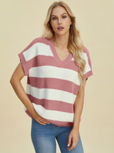 Load image into Gallery viewer, Double Take Full Size Striped V-Neck Short Sleeve Sweater