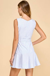 CD05477-Pinstripe Sleeveless Ruffle Hem Belted Dress: BABY BLUE / L