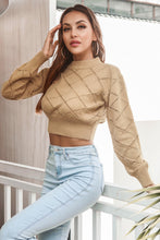 Load image into Gallery viewer, Openwork Plaid Round Neck Cropped Sweater