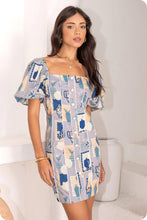 Load image into Gallery viewer, Piping Contrast Vase Print Mini Dress: Blue Multi/off-white / M