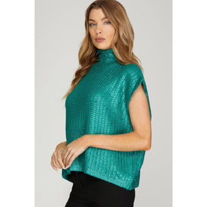 Metallic Foil Short Sleeve Sweater Top: GREEN