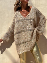 Load image into Gallery viewer, Openwork V-Neck Long Sleeve Sweater