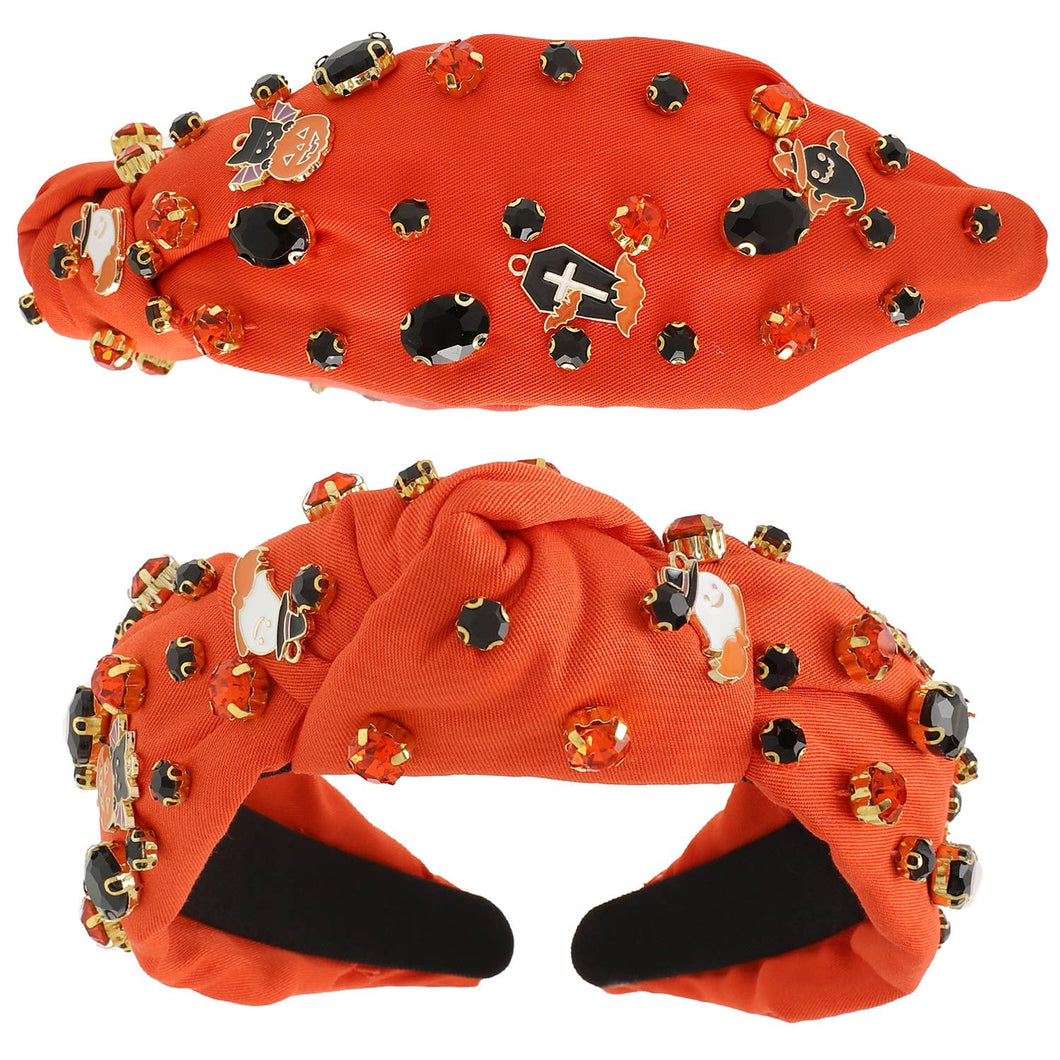 Halloween Themed Jeweled Knotted Headband : Orange