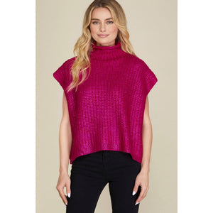 Metallic Foil Short Sleeve Sweater Top: PURPLE