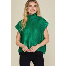 Load image into Gallery viewer, Metallic Foil Short Sleeve Sweater Top: GREEN