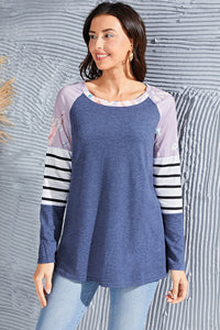 Striped Round Neck Raglan Sleeve T-Shirt