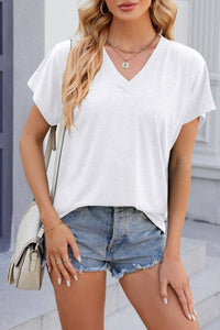 V-neck short sleeve overfit basic white t-shirt tee top: Blue / L