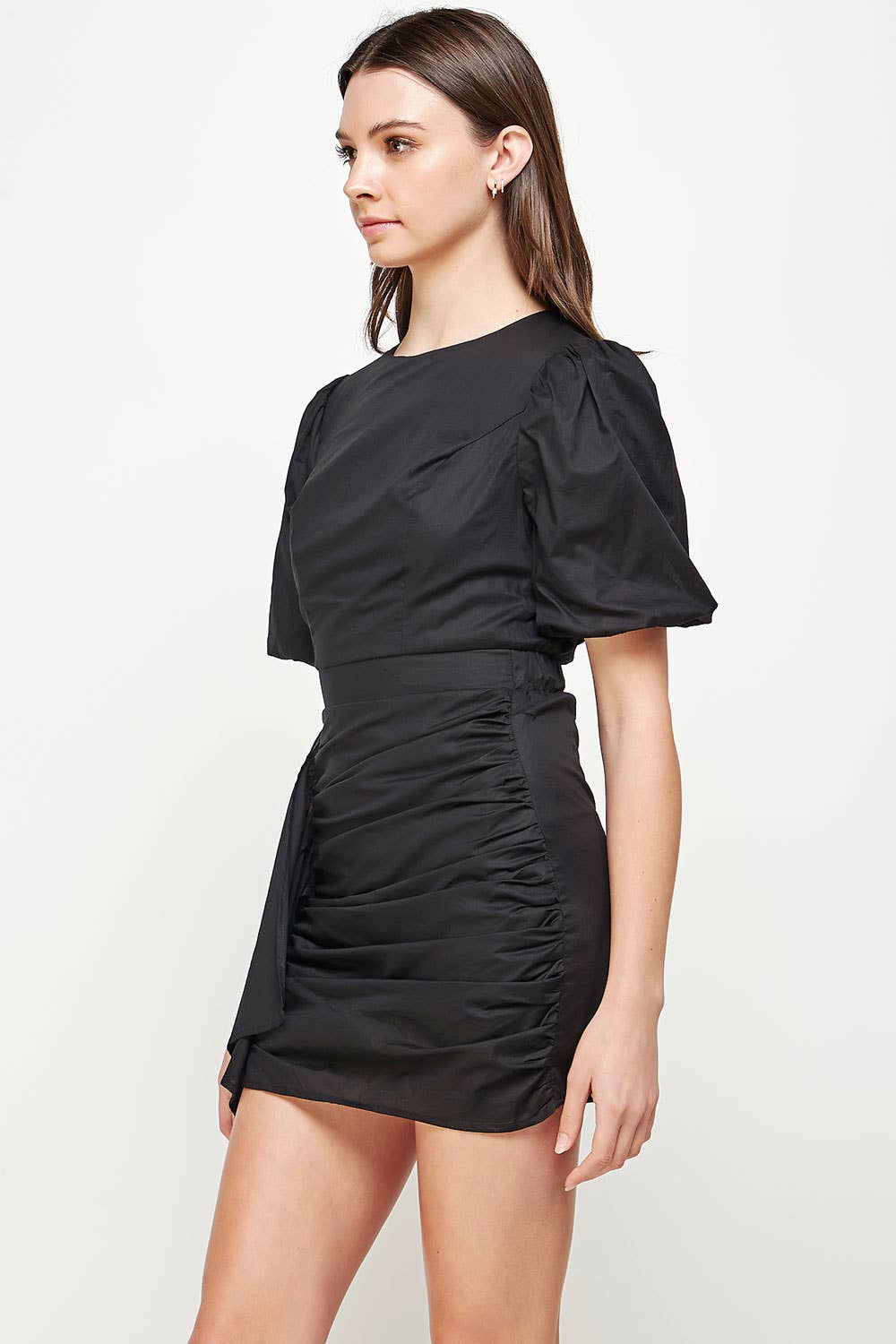 Ruched Short Puff Sleeve Voile Mini Dress. Rush
