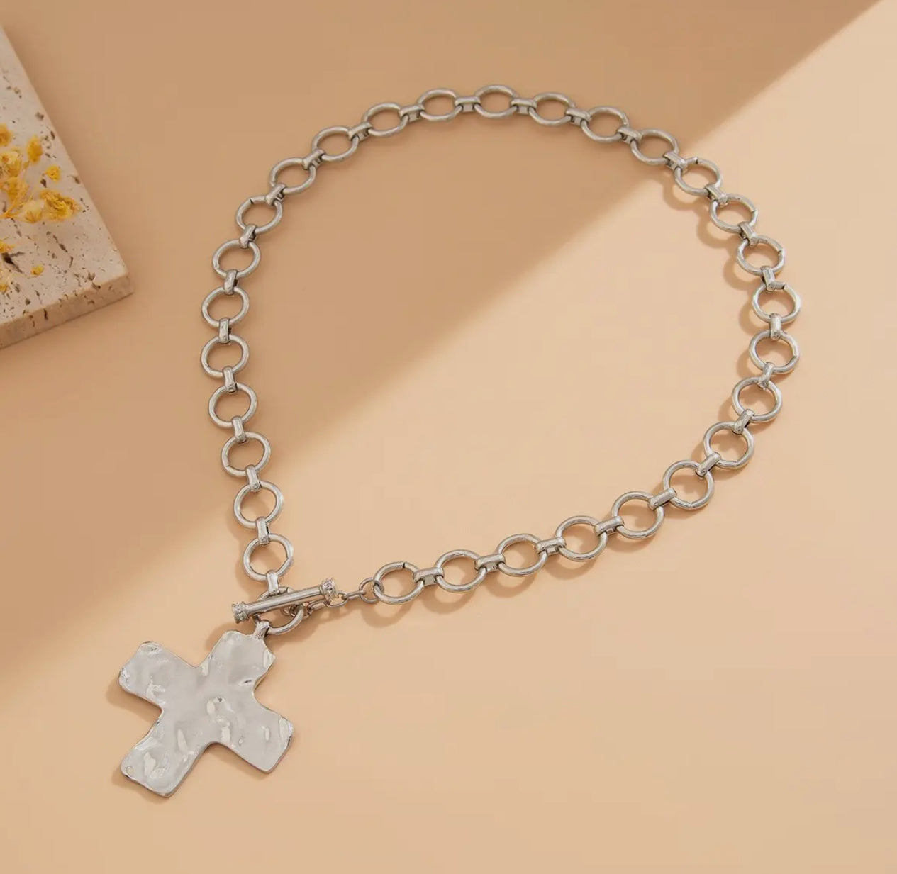 Hammered Cross Front Toggle Necklace