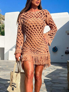 Fringe Cutout Long Sleeve Cover Up