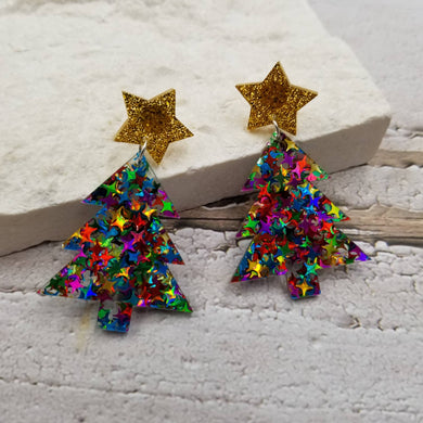 Confetti Star Christmas Tree Earrings - 3 Color: Multi-Colored / Medium