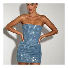 Load image into Gallery viewer, Fashionable Denim Ripped Sequin Mini Skirt Bandeau Set