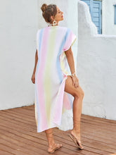 Load image into Gallery viewer, Slit Striped Notched Short Sleeve Cover Up