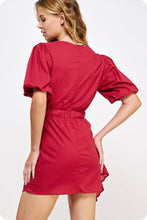 Load image into Gallery viewer, Ruched Short Puff Sleeve Voile Mini Dress: Burgundy / S