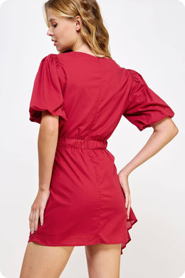 Ruched Short Puff Sleeve Voile Mini Dress: Burgundy / L
