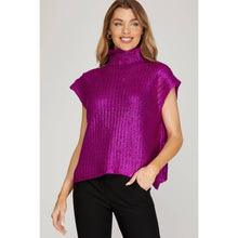 Load image into Gallery viewer, Metallic Foil Short Sleeve Sweater Top: PURPLE