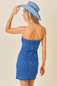Stitchwork Strapless Slim Denim Dress: BLUE / M