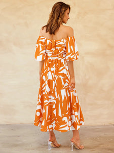 Printed Off-Shoulder Balloon Sleeve Dress