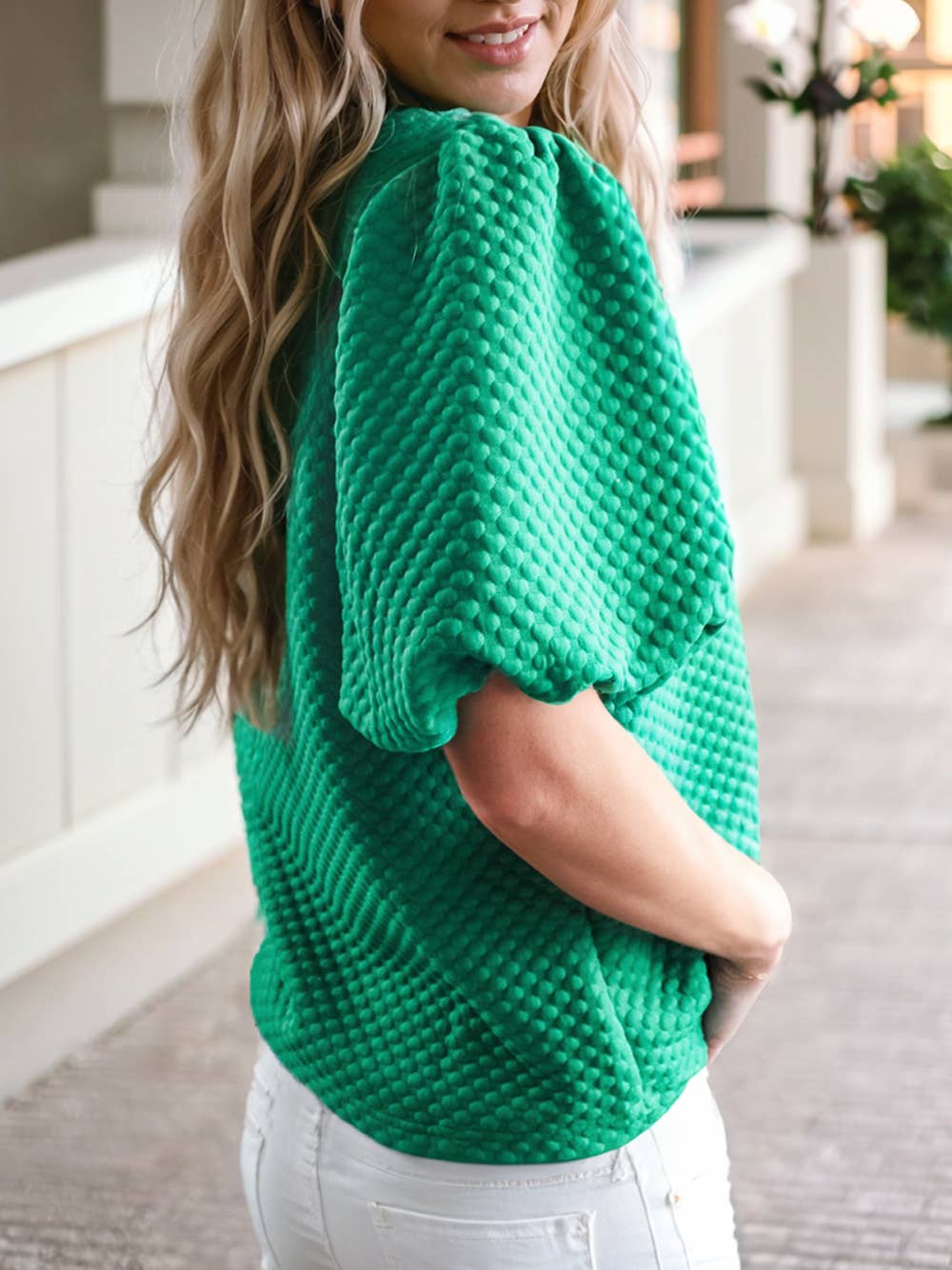 Solid Textured O Neck Puff Sleeve Blouse | 2 Colors: