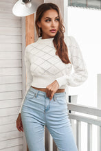 Load image into Gallery viewer, Openwork Plaid Round Neck Cropped Sweater