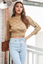 Load image into Gallery viewer, Openwork Plaid Round Neck Cropped Sweater