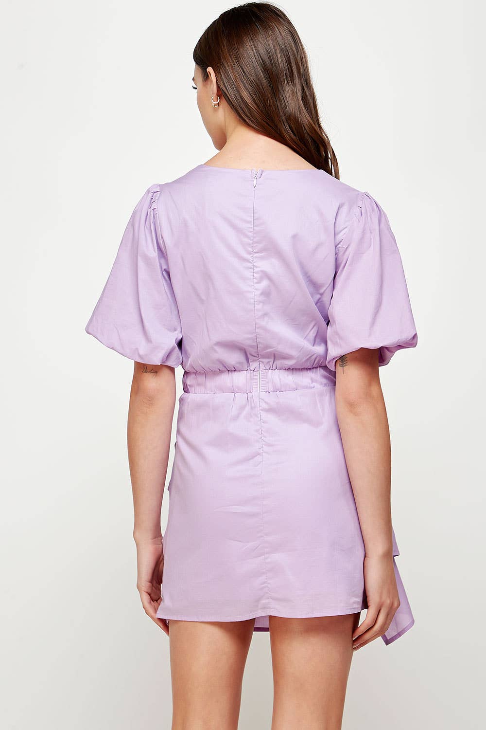 Ruched Short Puff Sleeve Voile Mini Dress. Rush