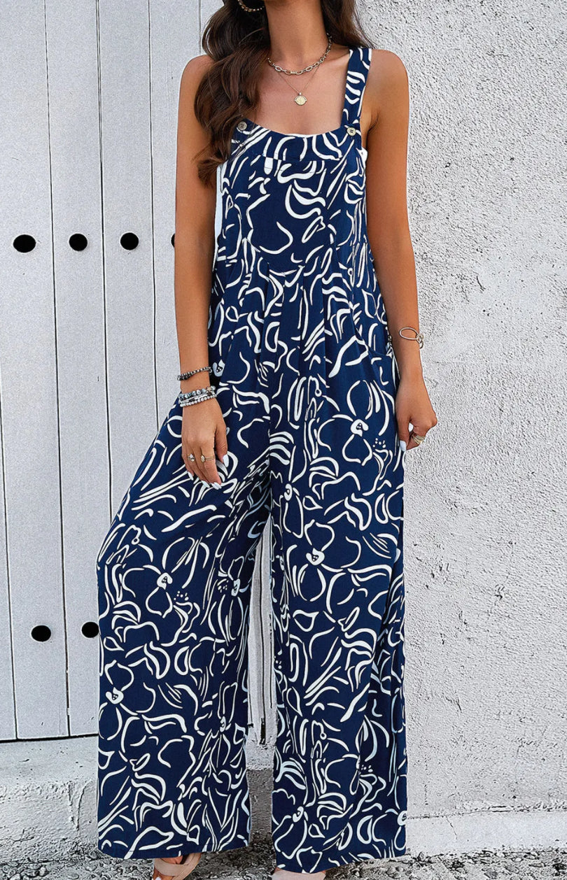Printed white strap jumpsuit
