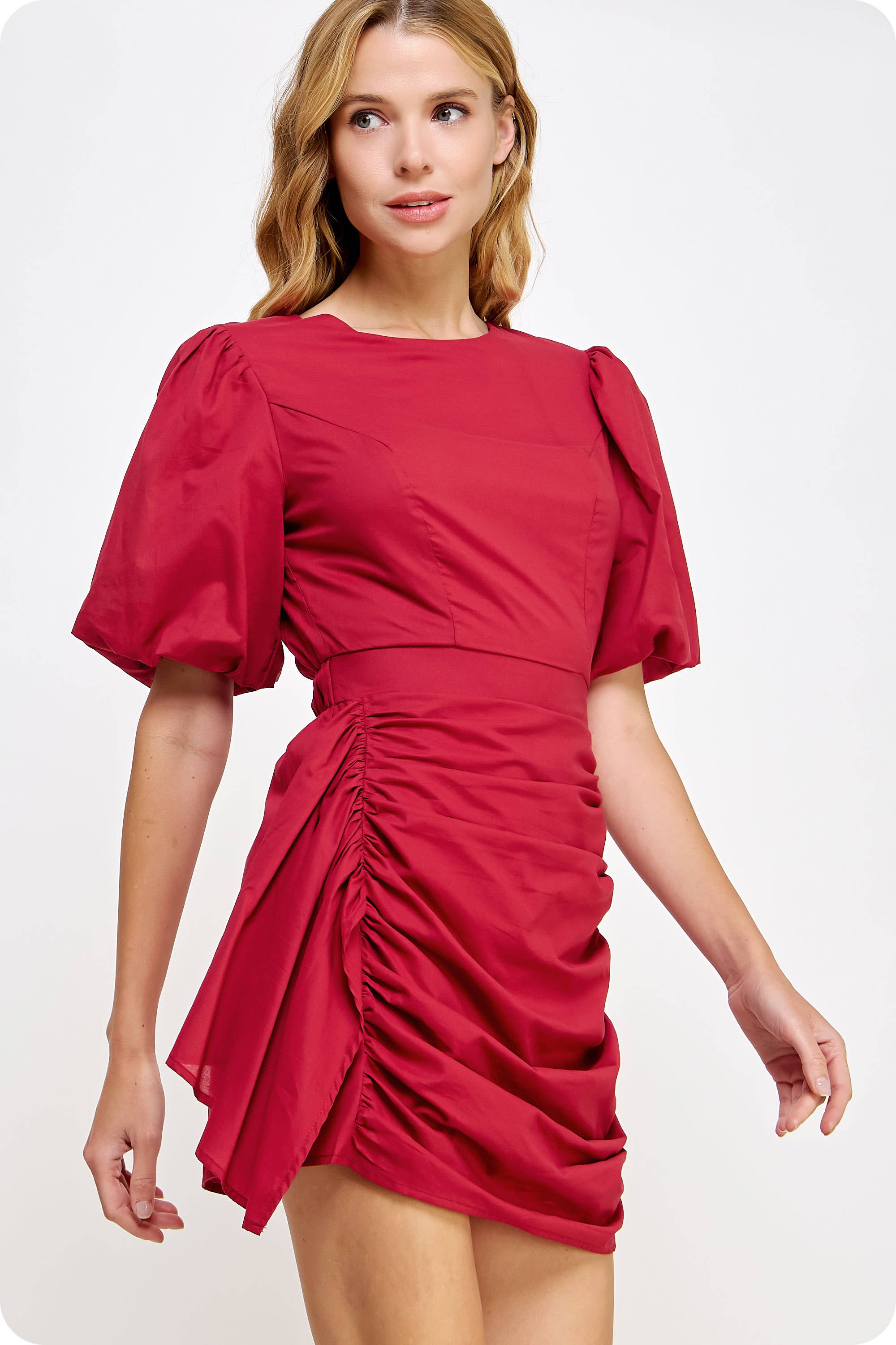 Ruched Short Puff Sleeve Voile Mini Dress. Rush