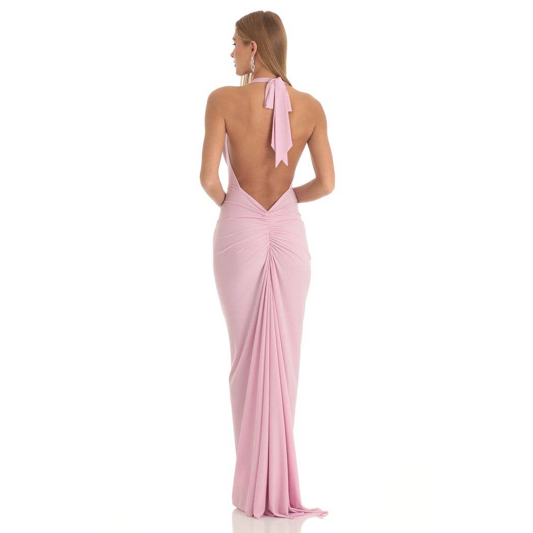 Gathered Back Halter BodyCon Maxi Dress in Pink: L
